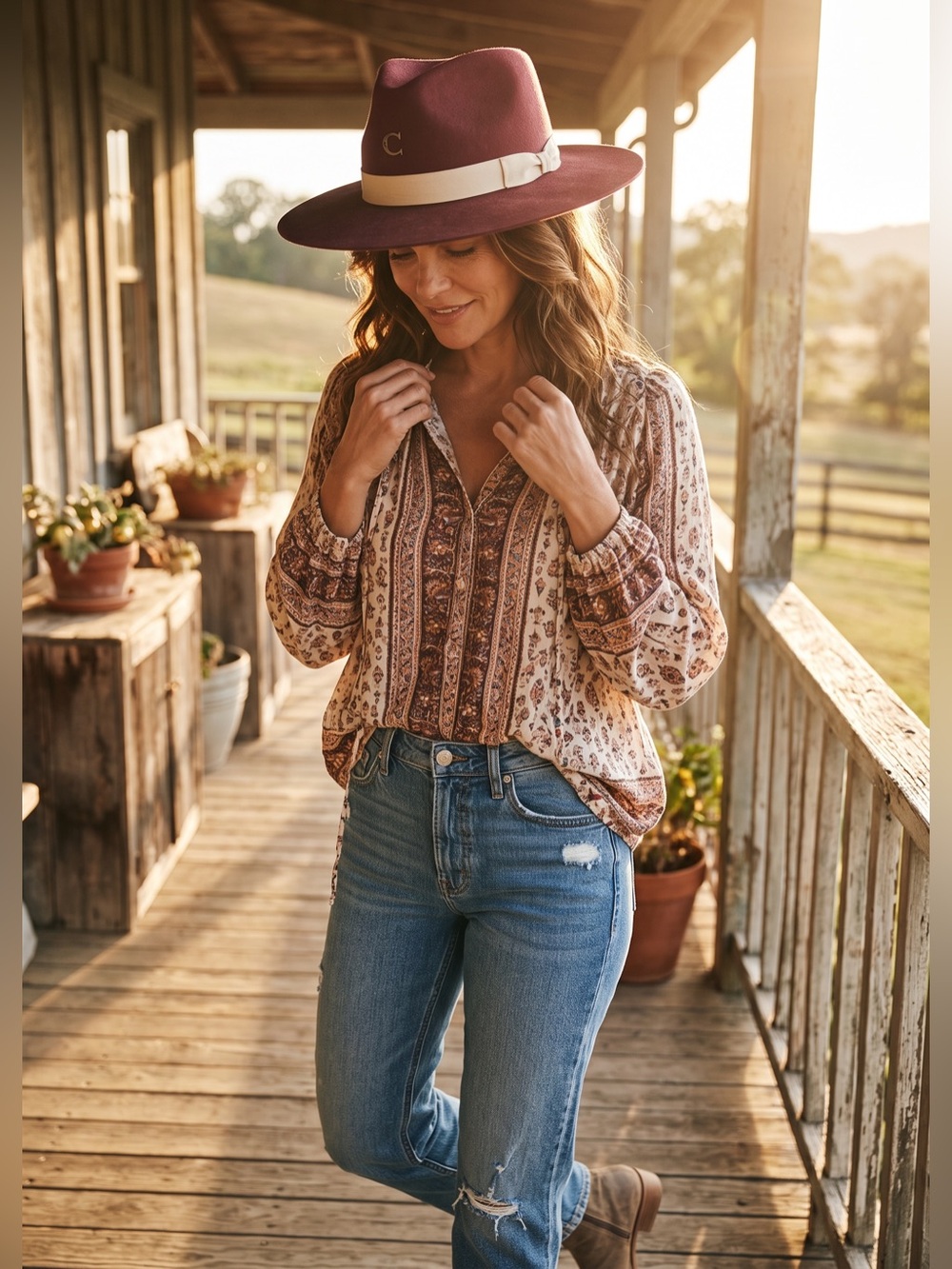 Charlie horse Women's Burgundy Felt Fedora with Cream Band
